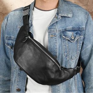 Sacs de taille en cuir véritable pour hommes, sac banane, sac de ceinture, pochette de téléphone, Mini poitrine de voyage, bandoulière noir 231220