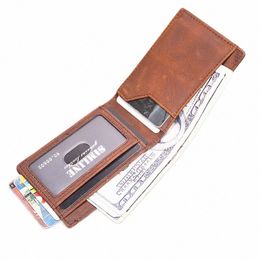 Echte lederen portemonnee voor mannen Male RFID Blokkerende vintage korte tweekleppige slanke herenbeurs MEY -clip met krediet -ID -kaarthouder A0HO#