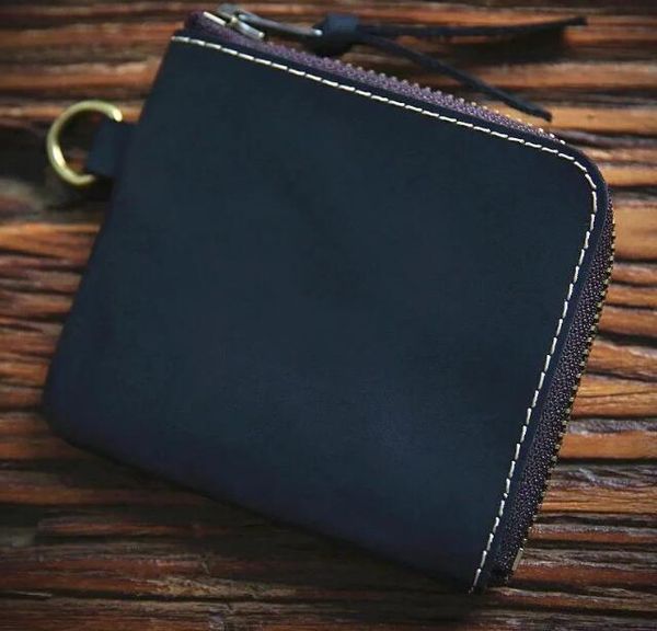 Cartera de cuero genuino para hombre, Mini cartera corta Vintage para hombre, monedero con cremallera, tarjetero con bolsillo para monedas