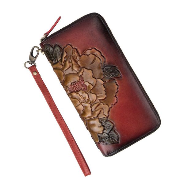 Portefeuilles en cuir véritable fleur chinoise femmes longue femme sac de téléphone porte-monnaie en cuir fermeture éclair pochette pratique pour porte-carte