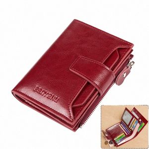 Echte lederen portefeuilles voor vrouwen Red Mey Portemonnees Zipper RFID Korte vrouwelijke kleine kaarthouder Coin Purse Trifold Bifold Wallet T6IP#