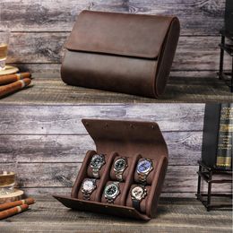 Boîte de montre en cuir véritable vitrine pour 6 montres stockage montre organisateur support hommes montres rouleau pochette exquise boîte à bijoux 240104