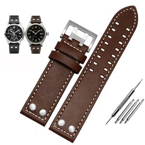 Correa de reloj de cuero genuino para hombre, pulsera con remaches, marrón, 20mm, 22mm, serie Hamilton Khaki Aviation Field Series, 240124