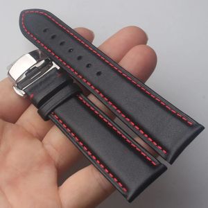 Bracelet de montre en cuir véritable, point noir et rouge, 20mm, 22mm, accessoires de montre, bracelet, déploiement de boucle en acier inoxydable 240116