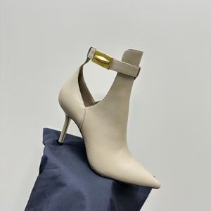 Echt leer Dames Designer Geklede schoenen Modieus Puntig Sexy Zijlekkage Metalen gesp Hoge hak Laarzen Show Party Bruiloft Schoenen Bijpassende doos 35-40