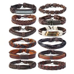 Bracelets en cuir véritable Bracelets à breloques multicouches Mode Hommes Manchette Réglable Croix Pâques Vintage Bijoux Tressé Bracelet pour Femme