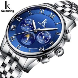 Echte luxe IK kleurplaat mannen zelfwind waterdichte waterdichte full staal automatische mechanische mannelijke lichtgevende modehorloge Montre polshorloges