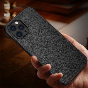 Echte lychee-patroon lederen telefoonhoesje voor iPhone 14 13 12 Mini 11 Pro Max XR XR XS 7 8 Plus Slim Full Protective Soft Soft Bumper Anti-slip vaste kleur zakelijke schaal