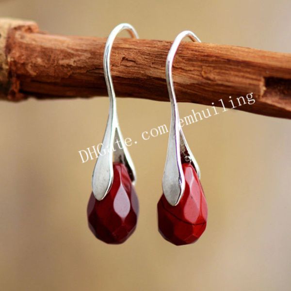 Véritable Gemstone Natural Boucles d'oreilles Drop Boucles d'oreilles pour femmes, à facettes Énergie Cristal Quartz Rouge Blood Jasper Garden Garden / Boucle d'oreille plaquée en argent avec crochet en alliage