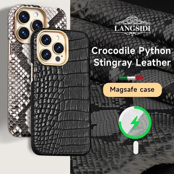Étui magnétique en cuir véritable peau de Crocodile Python d'autruche naturel pour iPhone 15 Pro Max 15 14 13 Mag couverture d'anneau en métal sûr