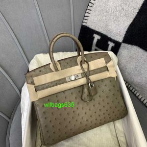 Sacs BK en cuir autruche authentique 7A Qualité HandSewn Luxury Africa KK Bouton gris pour femmes Handheld Womens Ay Logo Hbtesn