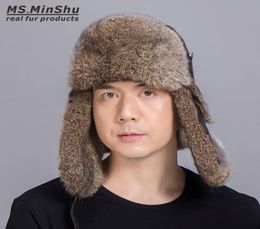 Chapeau de trappeur en fourrure de lapin véritable pour homme, casquette de ski avec cuir de mouton véritable pour l'hiver 5421294