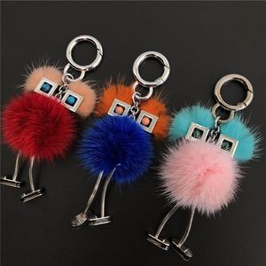 Genuino Real Fur Chick Monster Robot Doll Toy Charm Fur Pompom Ball Bag Charm Llavero con anilla para llaves bolsa coche teléfono Accessories272a