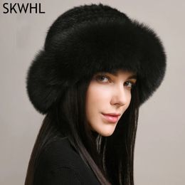 Véritable véritable naturel tricoté vison fourrure chapeau casquette de luxe femmes à la main tricot mode hiver chapeaux chaud réel fourrure de renard bonnets 240127