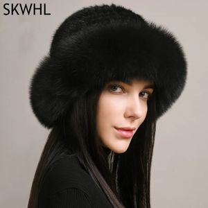 Véritable véritable naturel tricoté vison fourrure chapeau casquette de luxe femmes à la main tricot mode hiver chapeaux chaud réel fourrure de renard bonnets 240131