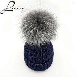 Echte echte zilveren bont pompom hoed voor vrouwen mix gebreide schedels beanie vrouwelijke pet winter hoeden meisjes motorkap gorro beanie/schedel petten oliv22