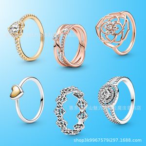 Echte S925 Sterling Silver Fit Pandora Rose Gold Rose Ring Bead Love Heart Blue Turquoise Crysta Charm voor armband DIY Beads Charms