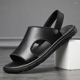 Véritable sandales en cuir hommes Split plage marque chaussures décontractées tongs pantoufles baskets été