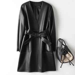 Veste en cuir en peau de mouton authentique vestes de brise-vent féminine longue trench avec des vêtements d'extérieur de la ceinture s m l xl xxl