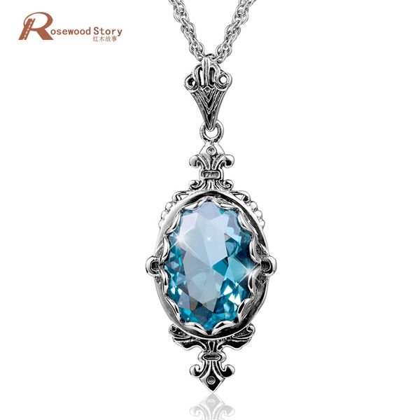 Colgante de plata genuino para mujeres Real 925 Plata esterlina Collar gótico Colgantes Aquamarine Oval Fine Joyería Regalos de Halloween