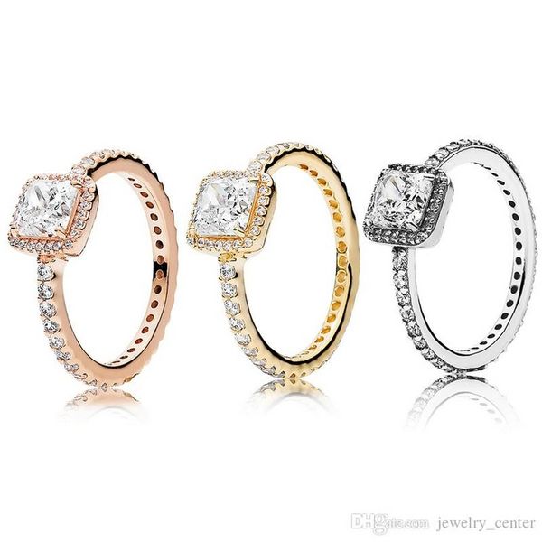 Genuine Square Sparkle Halo Ring Big Cz Diamond Wedding Rings Caja original para Pandora 925 Sterling Silver 18K Rose Red Rings Rings