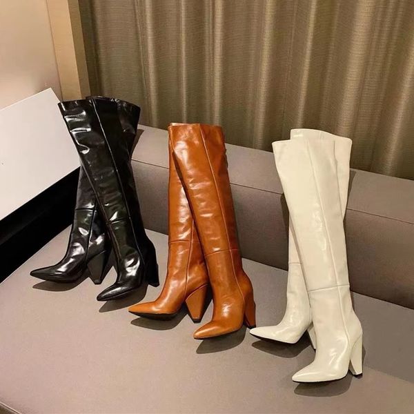 Véritable Cuir Véritable Cuir Verni Femmes Sur Les Bottes Au Genou Bout Pointu Dames Carré Bottes À Talons Hauts Noir Marron Vin avec boîte Taille 35-41