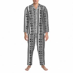 Geo Print Pyjama Set Tribal Streep Warme Nachtkleding Mannelijke Lg-Sleeve Casual Vrije Tijd 2 Stuks Nachtkleding Plus Size 2XL 2056 #