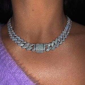 Collier ras du cou géométrique en cristal, chaîne cubaine de 12mm pour femmes, hip hop glacé, colliers cubains scintillants, 15 