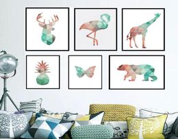 Geometrische Koraaldieren Canvaskunst Posters HertenkopGiraffeBearFlamingo Patroon Abstracte Giclee Print Muurfoto's voor 6259470665