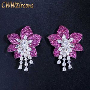 Geometrische ontwerper grote roos rode bloem kubieke zirkoon luxe 925 zilveren drop oorbellen voor vrouwen merk sieraden CZ458 210714