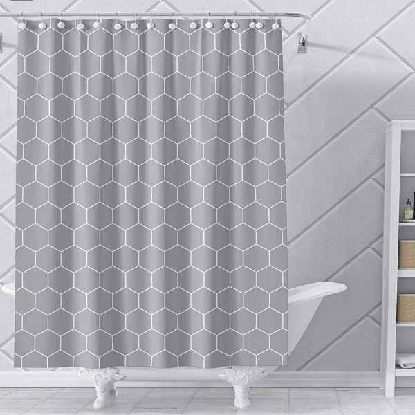 Rideau de douche en tissu géométrique pour salle de bain, motif en nid d'abeille de grille noire blanc gris rideau de salle de bain en polyester décor de tissu