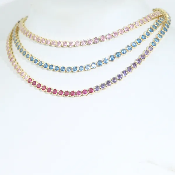 Géométrique Hexagone Arc-En-Ciel Coloré Ras Du Cou Chaîne Collier Hip Hop Femmes Dame Femme Plein Pavé Rose Bleu 5A Cubique Zircone Partie Cadeau Bijoux