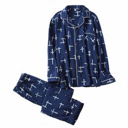 Géométrique Hommes Pyjamas Ensembles ShirtPant 2PCS Vêtements de nuit Vêtements de nuit Cott Lâche Automne Mâle Lingerie Homewear Pijamas Costume Chemise de nuit w1g7 #