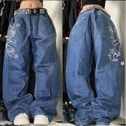 Modèle géométrique imprimé poche lavée Straight Highwaist Baggy Jeans Womens Y2K American Simple Length Length Wideleleg Pantals 240401