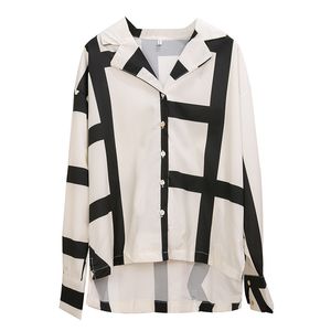 Geometrische print Zwart Wit Lange mouw Top Vrouwen Chiffon Blouse Shirt Turn Down Collar B0466 210514