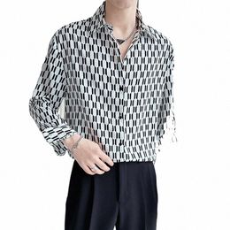 Geometrische print Lg mouwen top voor heren fiable kleding formeel kantoor sociale zomer strand vacati casual shirt A165 Z2yu #