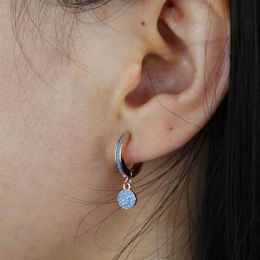 Boucle d'oreille cerceau à breloque Disco à points ronds géométriques, couleur or Rose, opale bleue, Micro pavé de pierre bleue, clous à la mode pour femmes, bijoux cadeau 173B