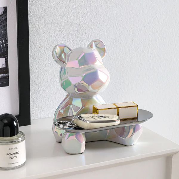 Géométrique Géométrique Céramique Electroplasing Statue Bear avec Piggy Bank Tray Candy Cosmetic Box Boîte d'affichage Decoration de l'étagère. 231227