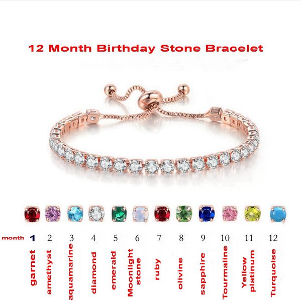 Type géométrique bijoux plein diamant chaîne réglable Bracelet Europe Amérique 4mm rond Zircon simple rangée cristal pierre de naissance Bracelet pour fille cadeau d'anniversaire