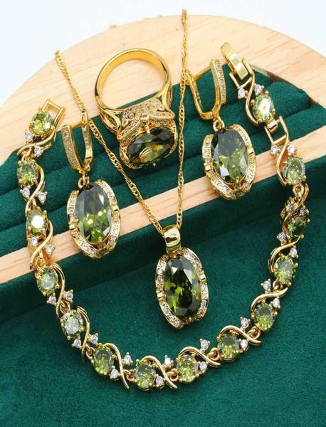 Conjunto de joyería geométrica de color dorado para mujer, pulsera de circón verde oliva, pendientes, collar, colgante, anillo, regalo de Navidad H10223374526