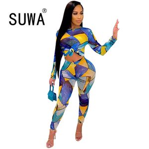 Geometrie Kleurrijke Gedrukt Sexy Club 2 stuk Outfits voor vrouwen Lange mouw Crop Top Tuniek Skinny Potlood Pants Matching Sets 210525