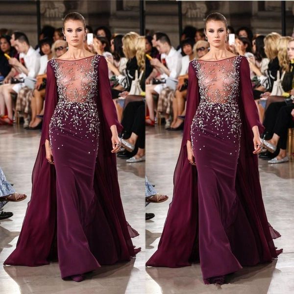 Georges Hobeika Robes de bal Tenue de soirée avec cape Strass Bateau Cou Perlé Sirène Manches Longues Robes de Soirée Velours Robe Formelle