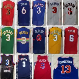 Collège Allen Iverson Maillots 3 Hommes Basketball Dr J Julius Erving 6 Wilt Chamberlain 13 Bleu Noir Blanc Rouge Bonne Qualité