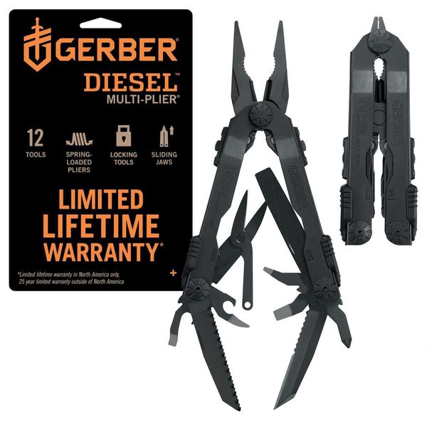 Gerber Diesel Multi-alicates Alicates de punta fina Set 12 en 1 EDC Cuchillo multiherramienta Equipo y equipo de supervivencia - Negro