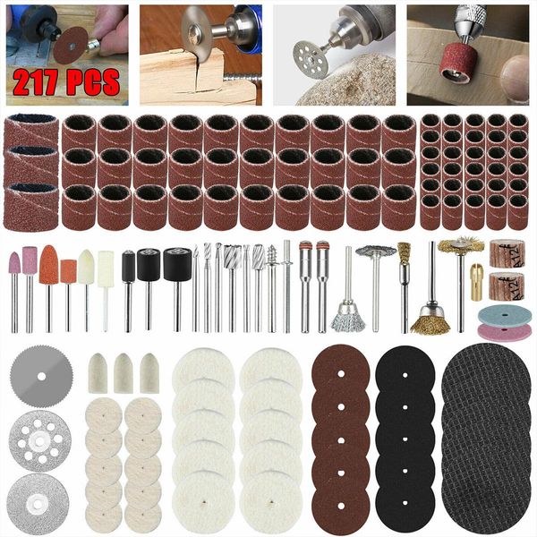 Gereedschap 217 piezas Kit de accesorios de herramientas rotativas Mini disco de corte de rueda de lana Kit de hojas de sierra de mandril de cobre pluma grabadora para pulir