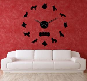 Shepher allemand Corloge murale de bricolage Deutscher Schferhund Giant Wall Clock avec de grandes aiguilles Miroir Effet alsatien Wolf Dog Wall Art Y206776794