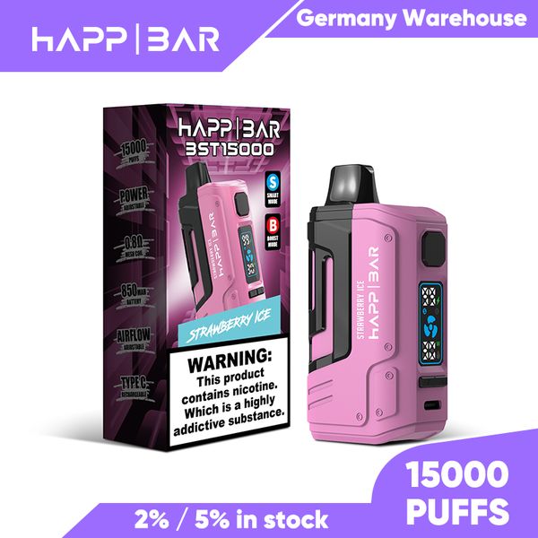Entrepôt allemand Happ Bar Vape 15K Puff 15000 Vapes jetable avec puissance Alivable Smart MAX 30W écran d'affichage / puissance réglable grande fumée 2% 5%