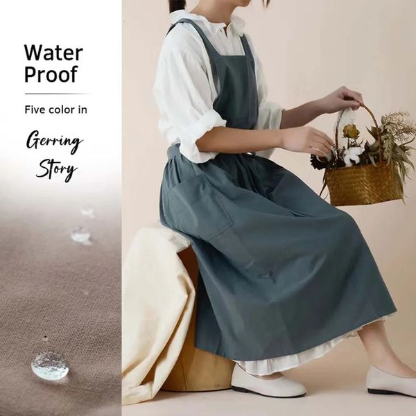 Gerring-delantal de cocina impermeable de algodón, chaleco de camarero para mujer, uniforme de trabajo, accesorios para el hogar, vestido japonés con bolsillos 240111