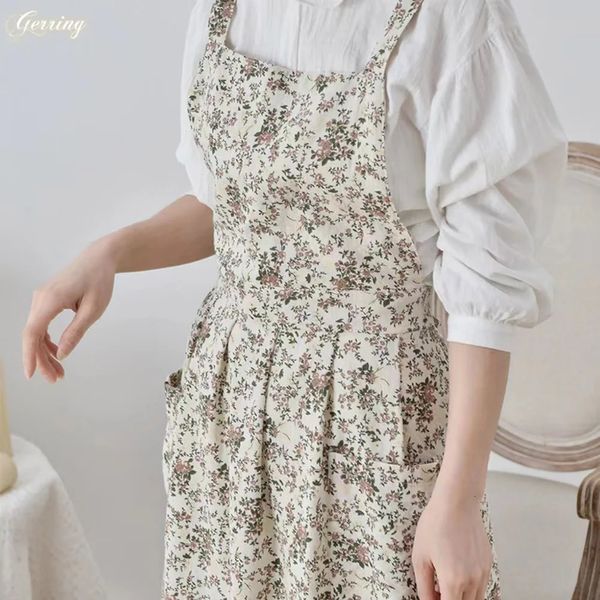 Gerring robe coréenne tablier coton imperméable jardin impression fleur réglable cuisine travail bavoir café tabliers 240111