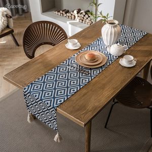 Gerring – chemin de Table nordique Jacquard bleu, pompon géométrique, drapeau de thé vert, chemins modernes et élégants pour salle à manger, 240307
